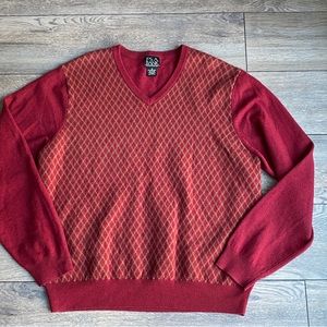 Mens Jos A Bank Red Lambs Wool Diamonds V- Neck Sweater Sz M